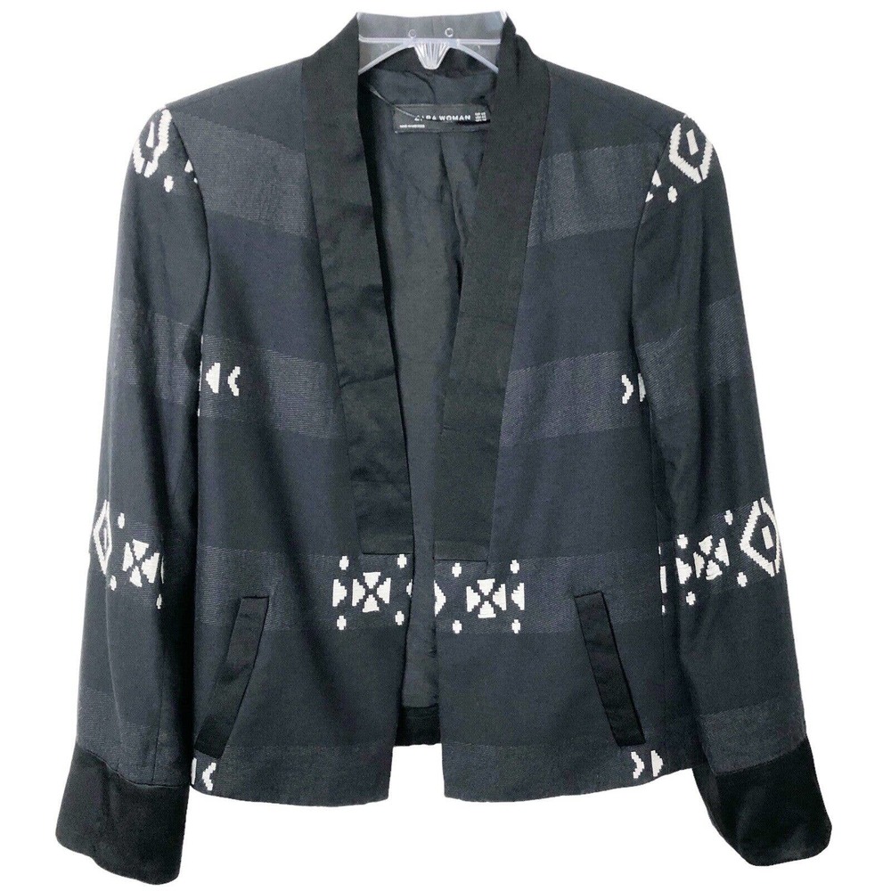 Zara Woman Aztec Blue Black Patterned Open Front Blazer Jacket w/Pockets Size XS